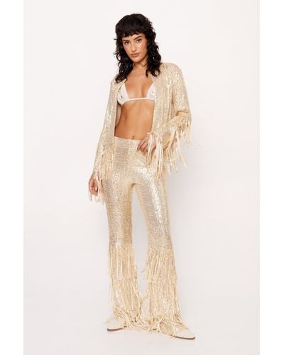 Nasty Gal Sequin Fringe Flare Trousers - Natural
