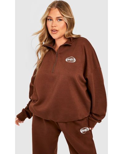 Boohoo Plus Dsgn Oversized Half Zip Sweatshirt - Brown