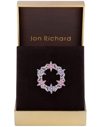 Jon Richard Silver Plated Pink Floral Cubic Zirconia Wreath Brooch - Gift Boxed - Black