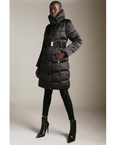 Karen Millen Satin Belted Puffer Coat - Black