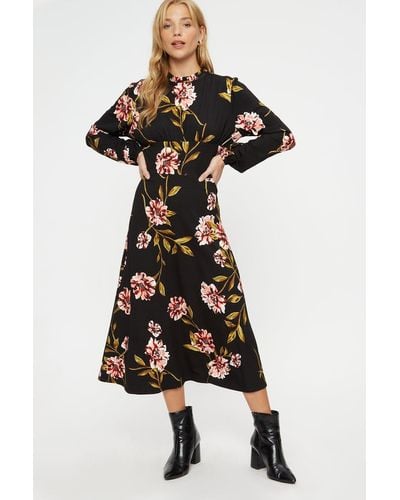 Dorothy Perkins Large Floral High Neck Midi Dress - Black