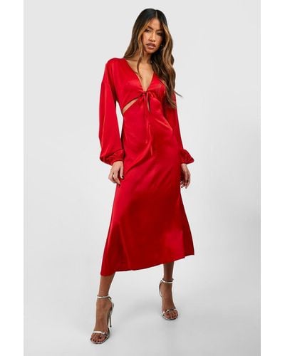 Boohoo Satin Batwing Cut Out Slip Midaxi Dress - Red