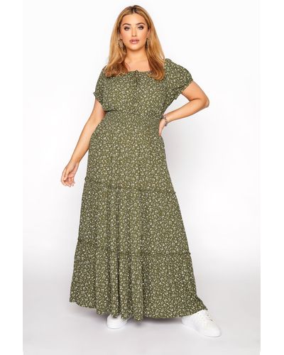 Yours Puff Sleeve Maxi Smock Dress - Green