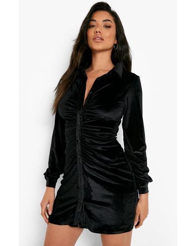Boohoo Velvet Ruched Detail Shirt Party Dress - Black