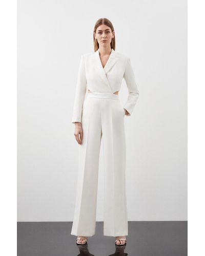 Karen Millen Tailored Compact Stretch Tuxedo Wide Leg Jumpsuit - White