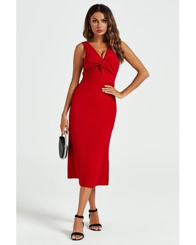 FS Collection V Neck Knot Front Midi Dress In Red
