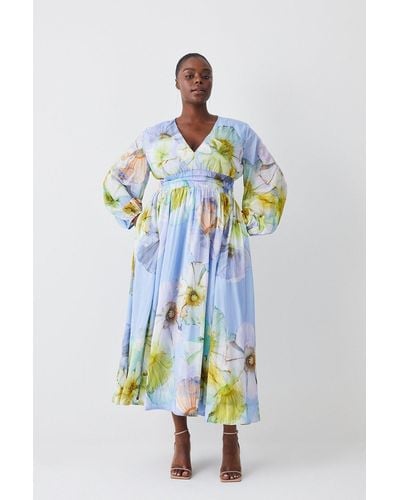 Karen Millen Plus Size Photographic Floral Silk Cotton Maxi Dress - Blue