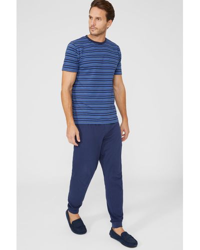 DEBENHAMS Short Sleeve Stripe Tee And Jersey Pant Set - Blue