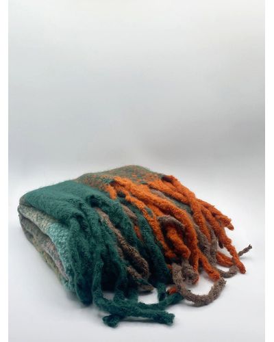 SVNX Teal & Orange Check Blanket Scarf With Tassels - Multicolour