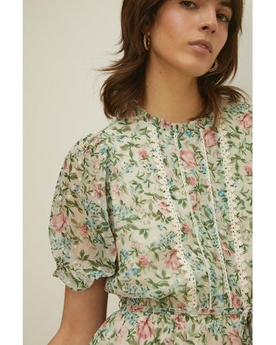 Oasis Lace Trim Rose Floral Chiffon Skater - Green