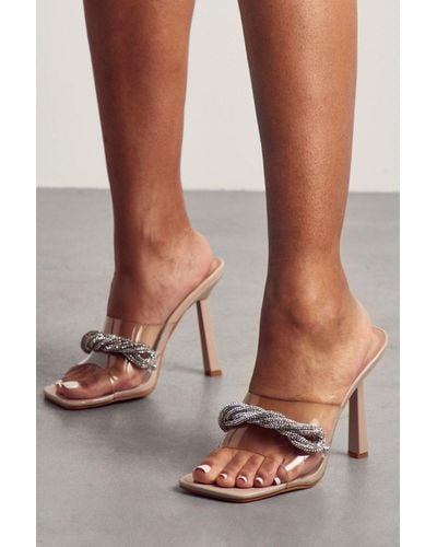 MissPap Diamante Knot Clear Heeled Mules - Brown