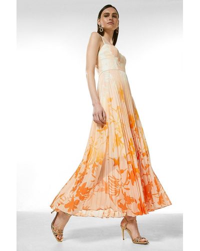 Karen Millen Ombre Floral Pleated Deep V Maxi Dress - Orange