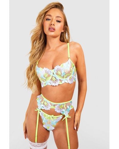 Boohoo Floral Embroidery Bra, Suspender And Thong Set in Pink