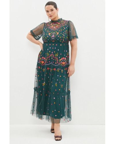 Coast Plus Size Flare Sleeve All Over Embroidered Maxi Dress - Green