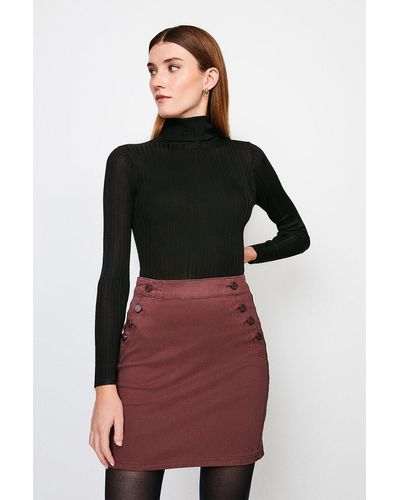 Karen Millen Stretch Twill Button Detail Skirt - Brown
