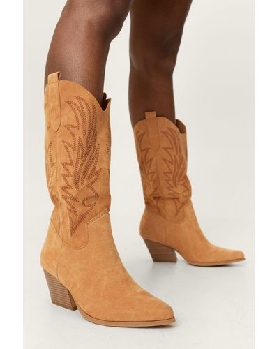 Nasty Gal Faux Suede Embroidered Cowboy Boots - Brown