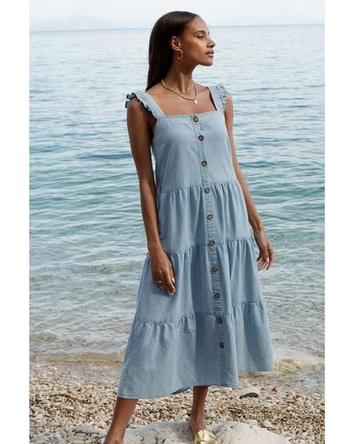 Threadbare 'sycamore' Cotton Chambray Tiered Midi Dress - Blue