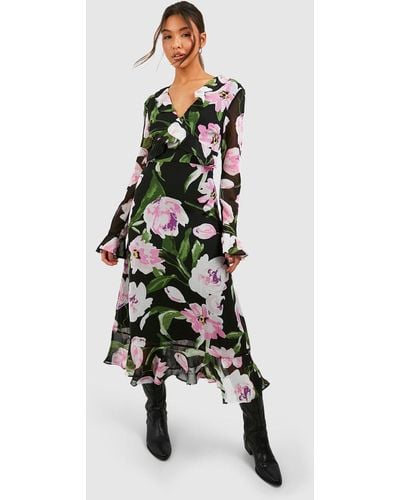 Boohoo Floral Chiffon Printed Smock Dress - Black