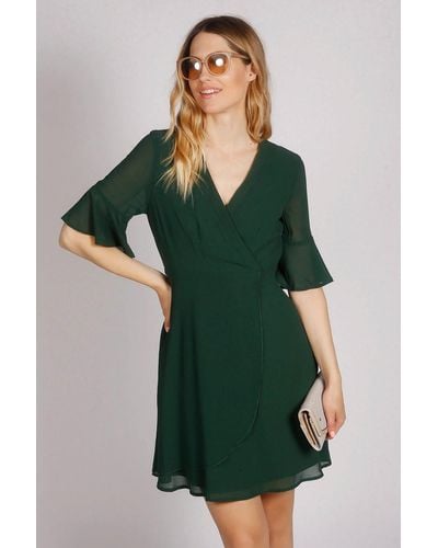 Tenki Half Sleeve Plain Wrap Style Dress - Green