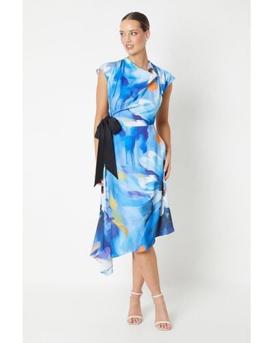 Coast Printed Tie Side Satin Midi Dress - Blue
