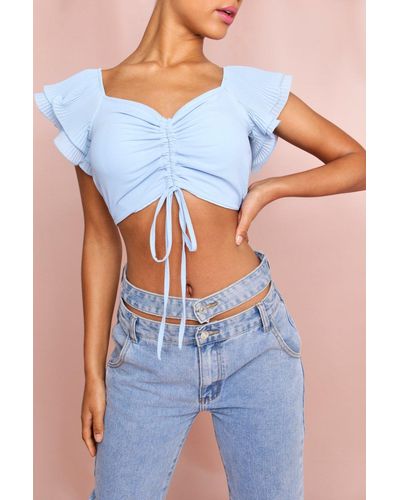 MissPap Extreme Shoulder Ruffle Ruched Front Top - Blue