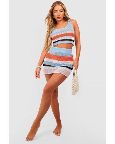 Boohoo Crochet Stripe Top & Skirt Beach Co-ord - Orange