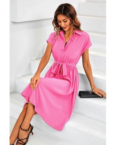 FS Collection Short Sleeve Midi Shirt Dress - Pink