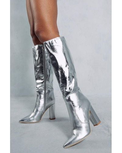 MissPap Leather Look Metallic Knee High Boots - Grey