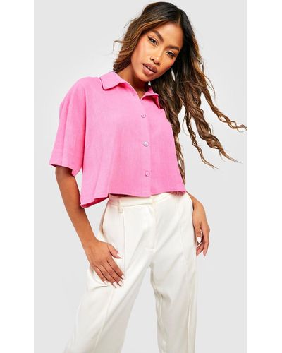 Boohoo Linen Mix Oversized Boxy Cropped Short Sleeve Shirt - Pink