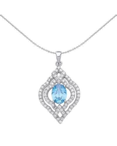 Jewelco London Silver Light Blue Oval Cz Arabesque Clover Lantern Necklace 18" - Gvp468