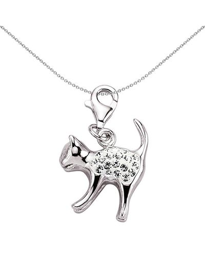 Jewelco London Sterling Silver Crystal Pouncing Cat Link Charm - Cm109 - Metallic