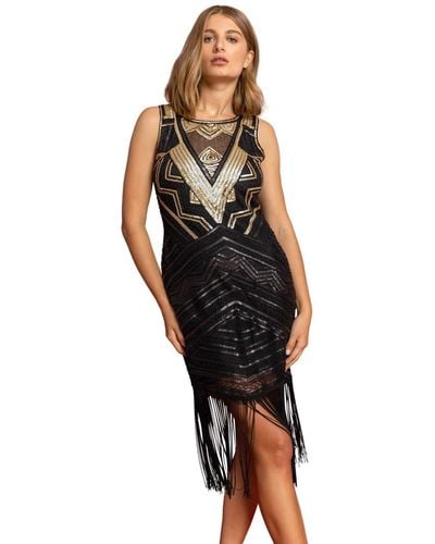 Roman Sequin Fringe Hem Flapper Dress - Black