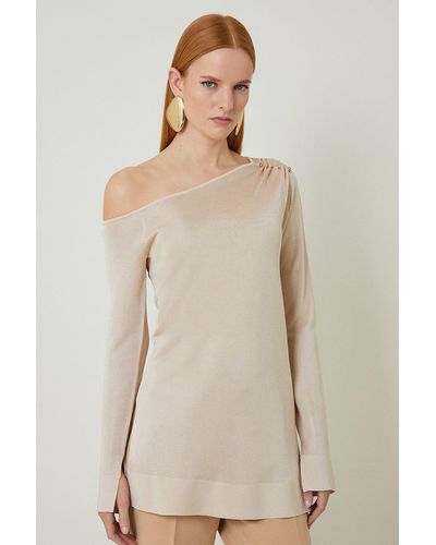 Karen Millen Slinky Viscose Blend Knit Off The Shoulder Trimmed Tunic - Natural