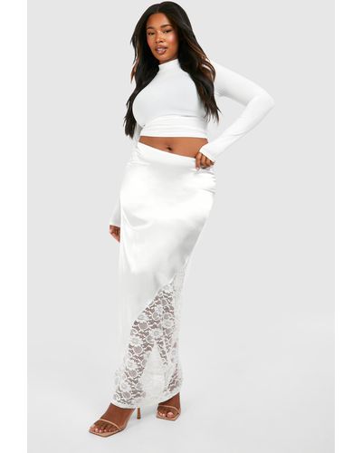 Boohoo Plus Lace Insert Satin Maxi Skirt - White