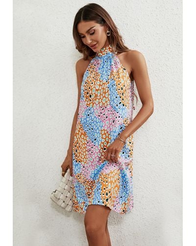 FS Collection Leopard Print Halter Neck Tie Back Mini Dress In Pink & Blue & Yellow - White