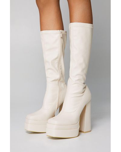 Nasty Gal Faux Leather Platform Knee High Sock Boots - White