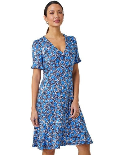 Roman Ditsy Floral Button Detail Tea Dress - Blue