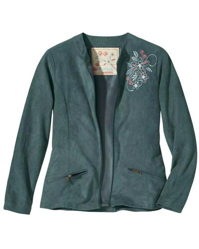 Atlas for women Embroidered Faux Suede Full Zip Jacket - Green