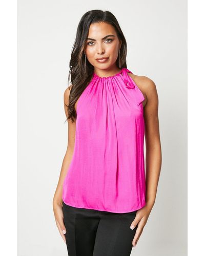 Coast Ruched Bow Neck Fluid Satin Shell Top - Pink