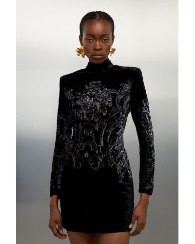 Karen Millen Petite Placed Velvet Devore Long Sleeve Woven Mini Dress - Black