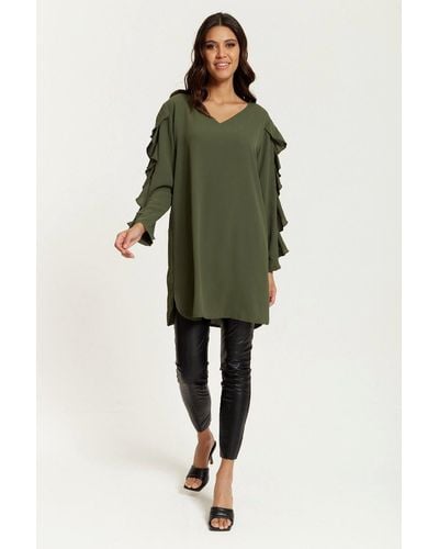 Hoxton Gal Relaxed Fit V Neck Detailed Tunic Top With Ruffles - Green