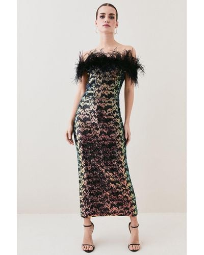 Karen Millen Petite Sequin Bardot Feather Trim Midaxi Dress - Multicolour