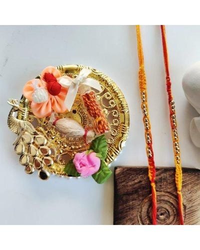 The Colourful Aura 2 Rakhi And 1 Platter Of Raksha Bandhan Golden Bead Thread Slim Rakhi - White