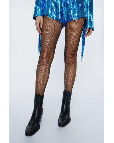 Nasty Gal Holographic Diamante Fishnet Tights - Blue