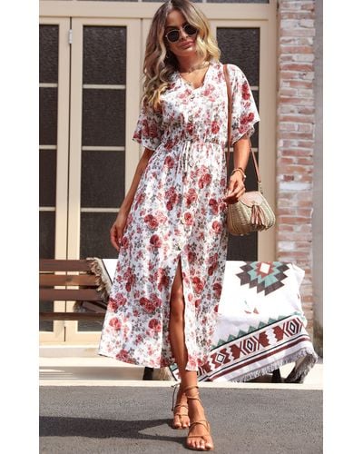 FS Collection Button Down V Neck Maxi Dress In White Floral Print