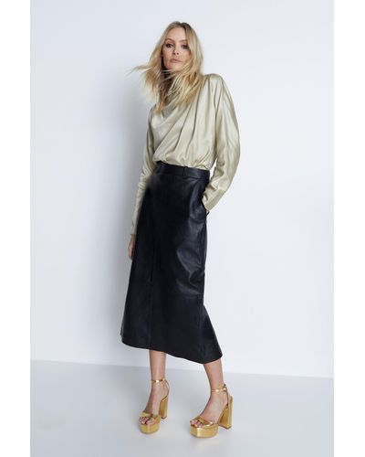 Warehouse Real Leather Midi Column Skirt - White