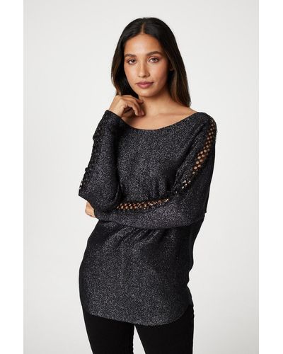 Izabel London Metallic Lace Sleeve Knit Pullover - Black