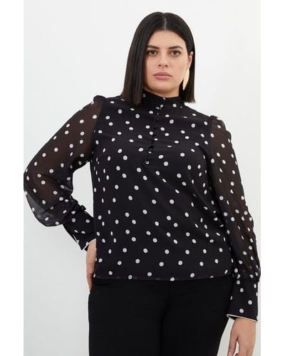 Karen Millen Plus Size Contrast Georgette Spot Woven Blouse - Black
