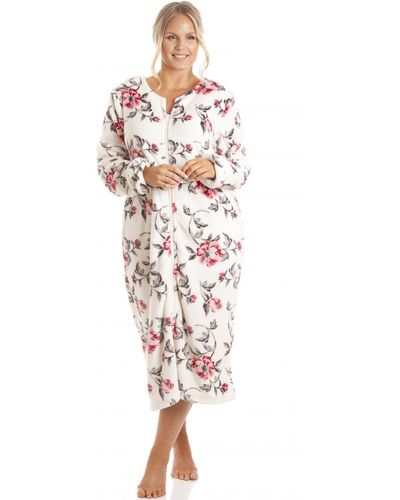 CAMILLE Luxurious Supersoft Zip Up Floral Bathrobe - White