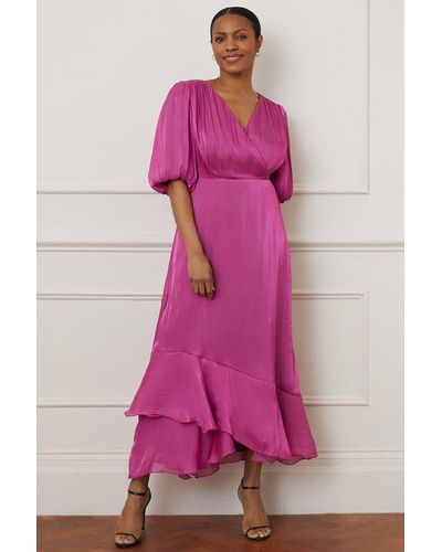 Wallis Shimmer Balloon Sleeve Wrap Midi Dress - Pink